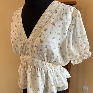 Miss Chievous Floral V-Neck Blouse - Cream and Orange